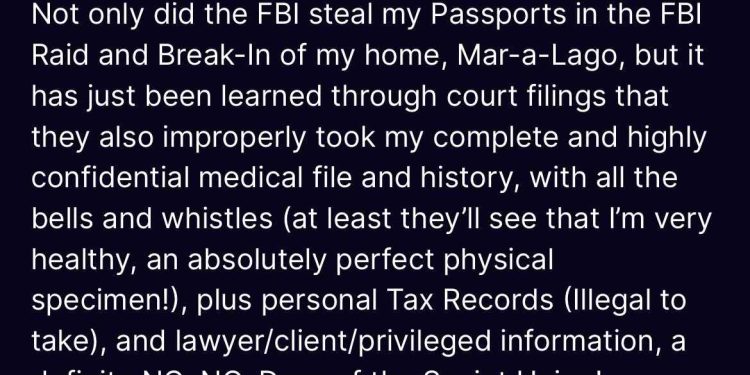 Trump says FBI stole medical records from Mar-a-Lago, but all they'll discover is that he's an "absolutely perfect physical specimen"